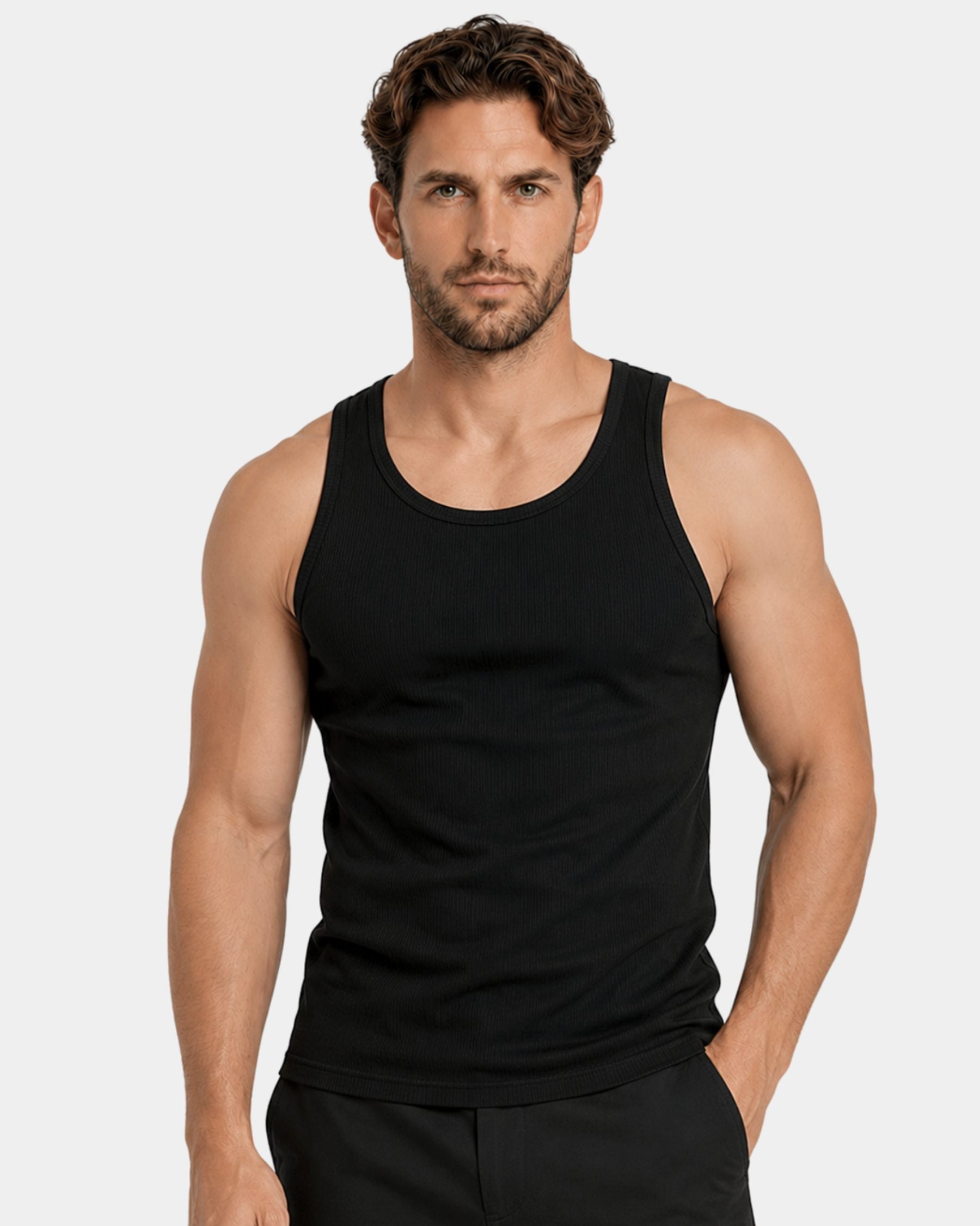 By Alden black ribbed tank top on male model, front view upper body, light gray background #Color_black