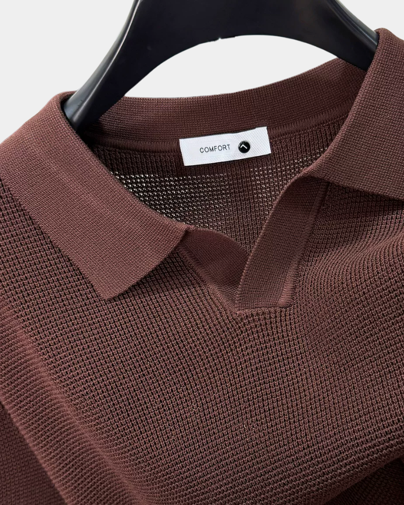 By Alden burgundy open-collar knit polo shirt collar and label detail, hanger, close-up, light gray background. #color_chocolate brown