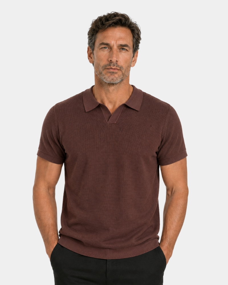 By Alden burgundy open-collar knit polo shirt on male model, front view, upper body, light gray background. #color_chocolate brown
