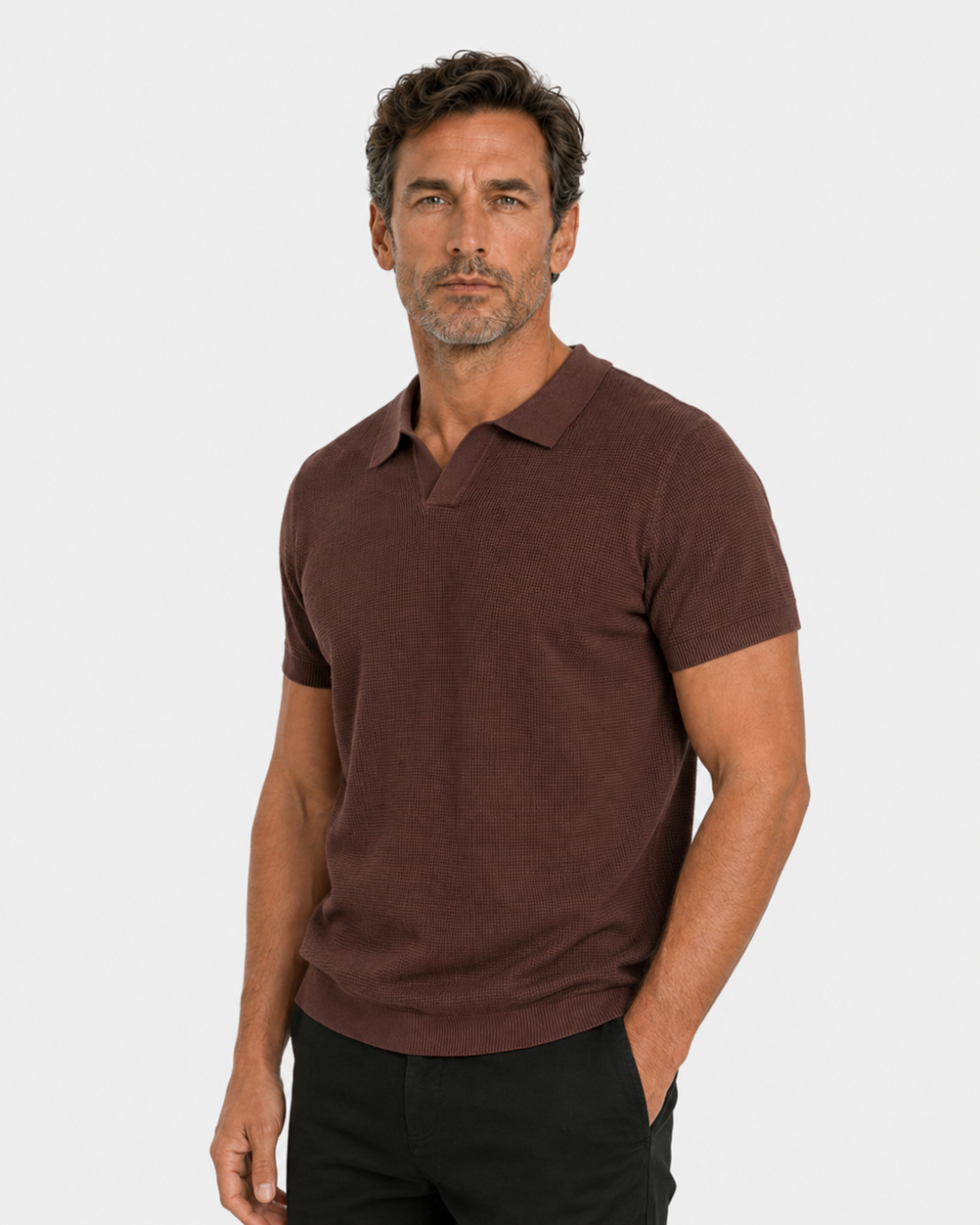 By Alden burgundy open-collar knit polo shirt on male model, three-quarter view, upper body, light gray background. #color_chocolate brown 