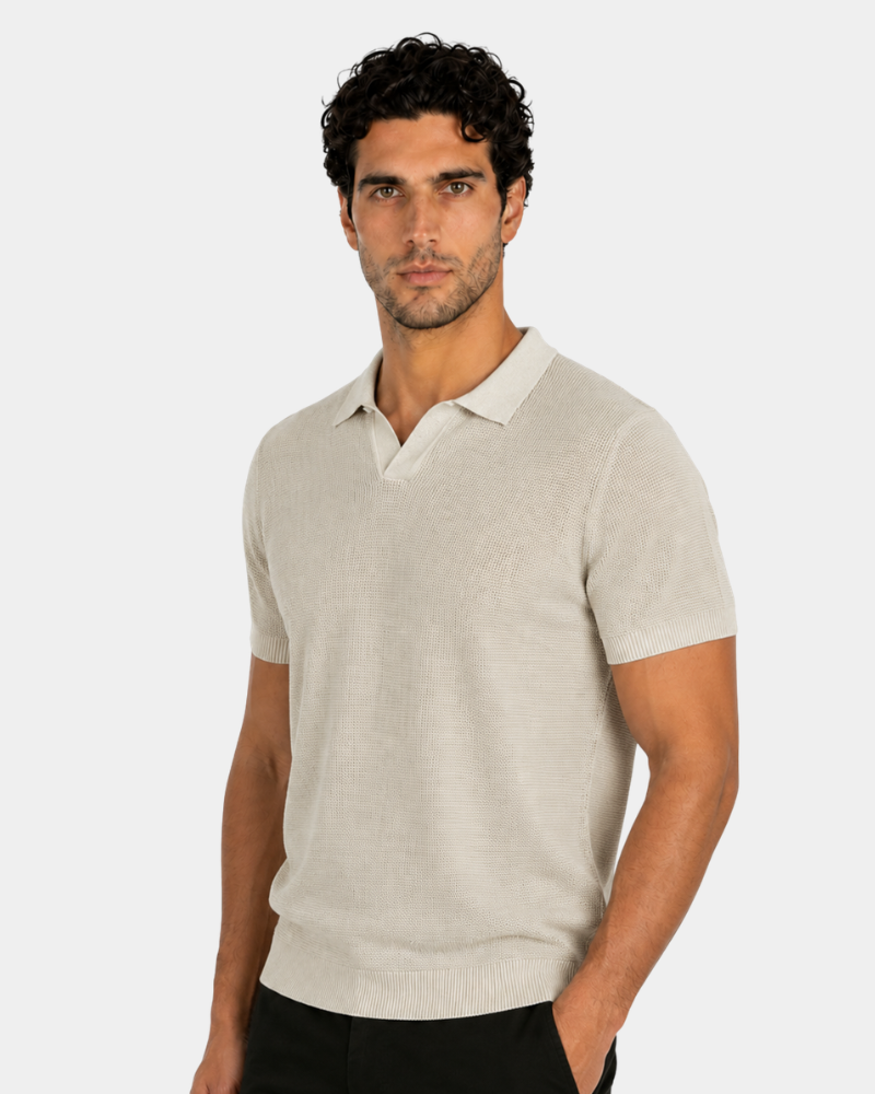 By Alden cream open-collar knit polo shirt on male model, three-quarter view, upper body, light gray background. #color_off white