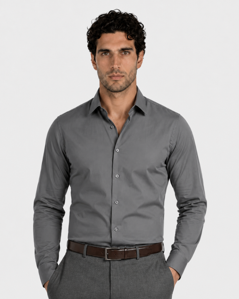 By Alden gray slim-fit dress shirt on male model, front view, upper body, light gray background. #color_gray