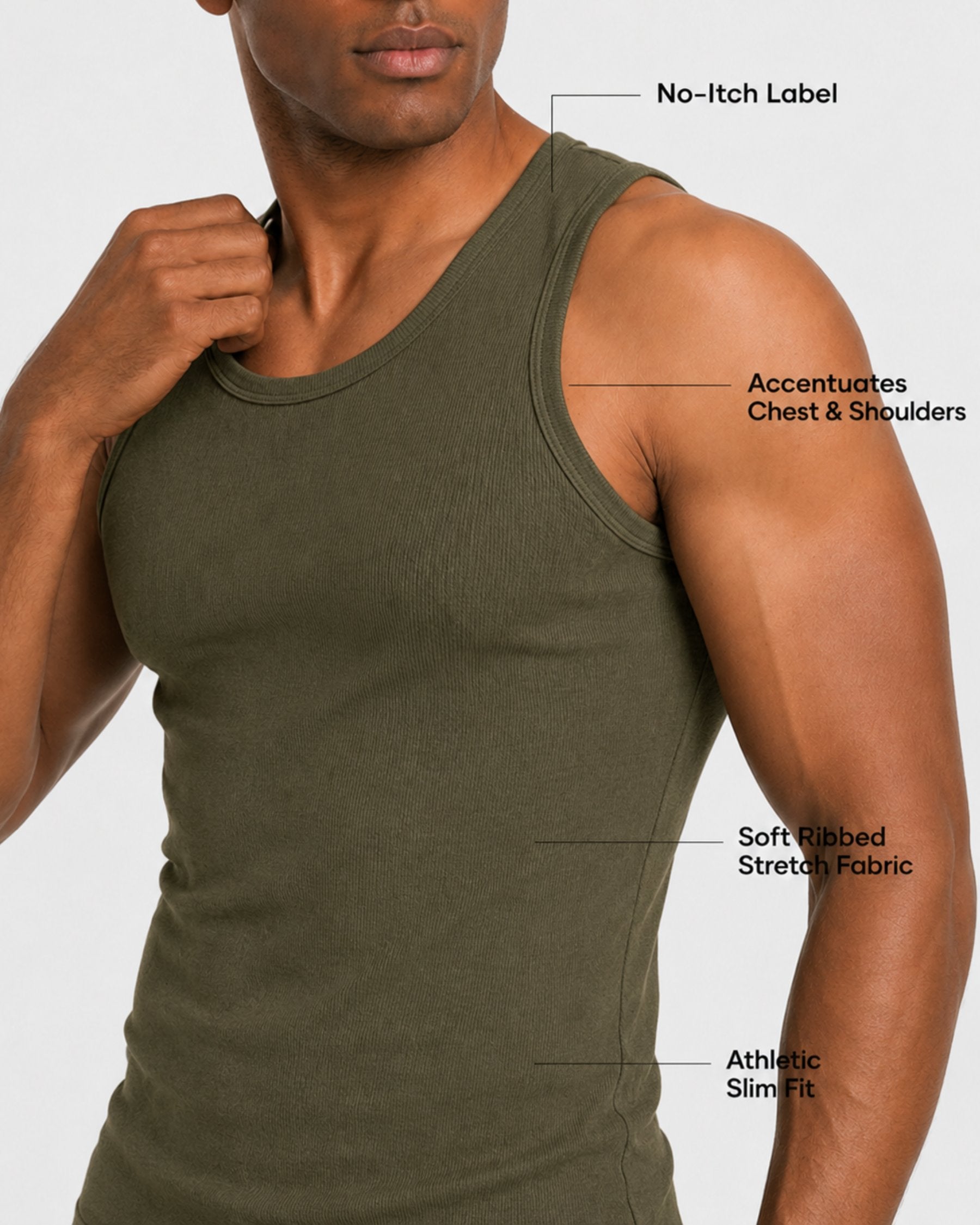 By Alden green ribbed tank top on male model, features callout detail view, light gray background #Color_green
