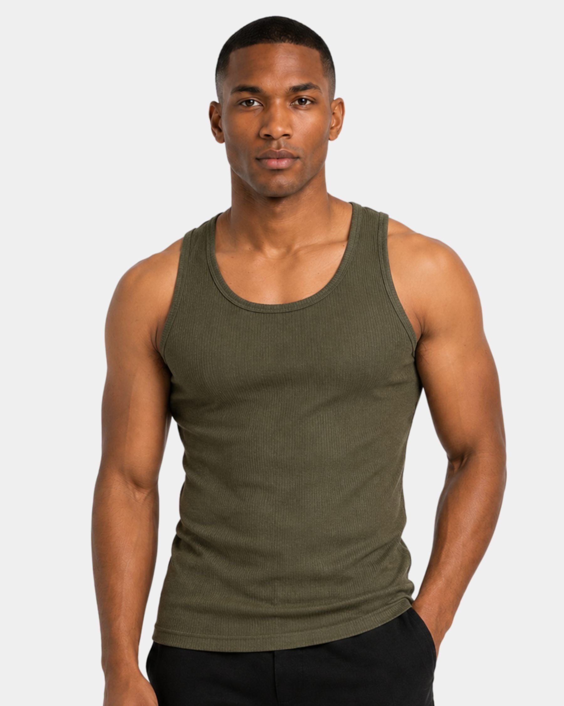 By Alden green ribbed tank top on male model, front view upper body, light gray background #Color_green