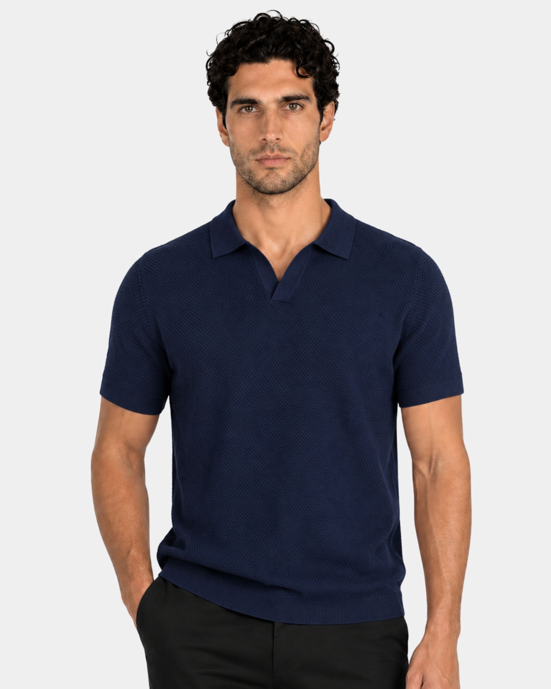 By Alden navy blue open-collar knit polo shirt on male model, front view, upper body, light gray background. #Color_navy