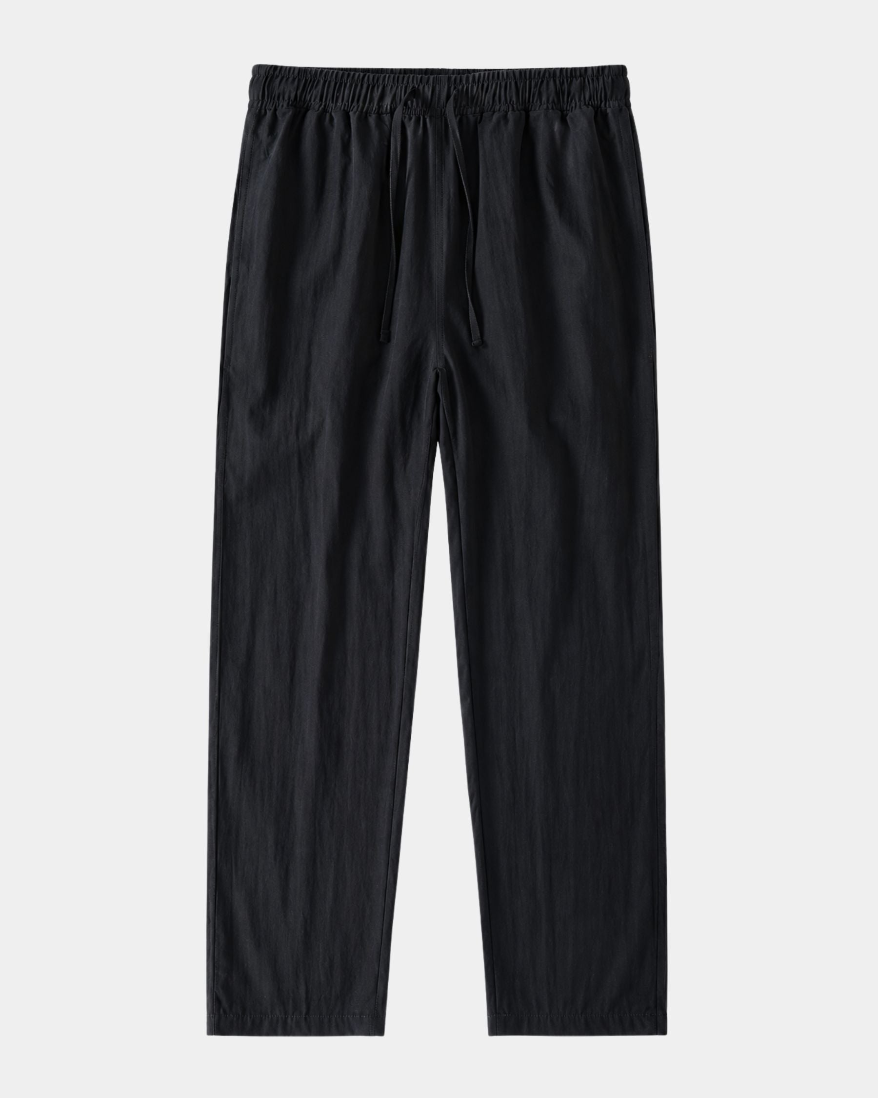 By Alden navy linen drawstring trousers, flat lay front view, light gray background #color_navy