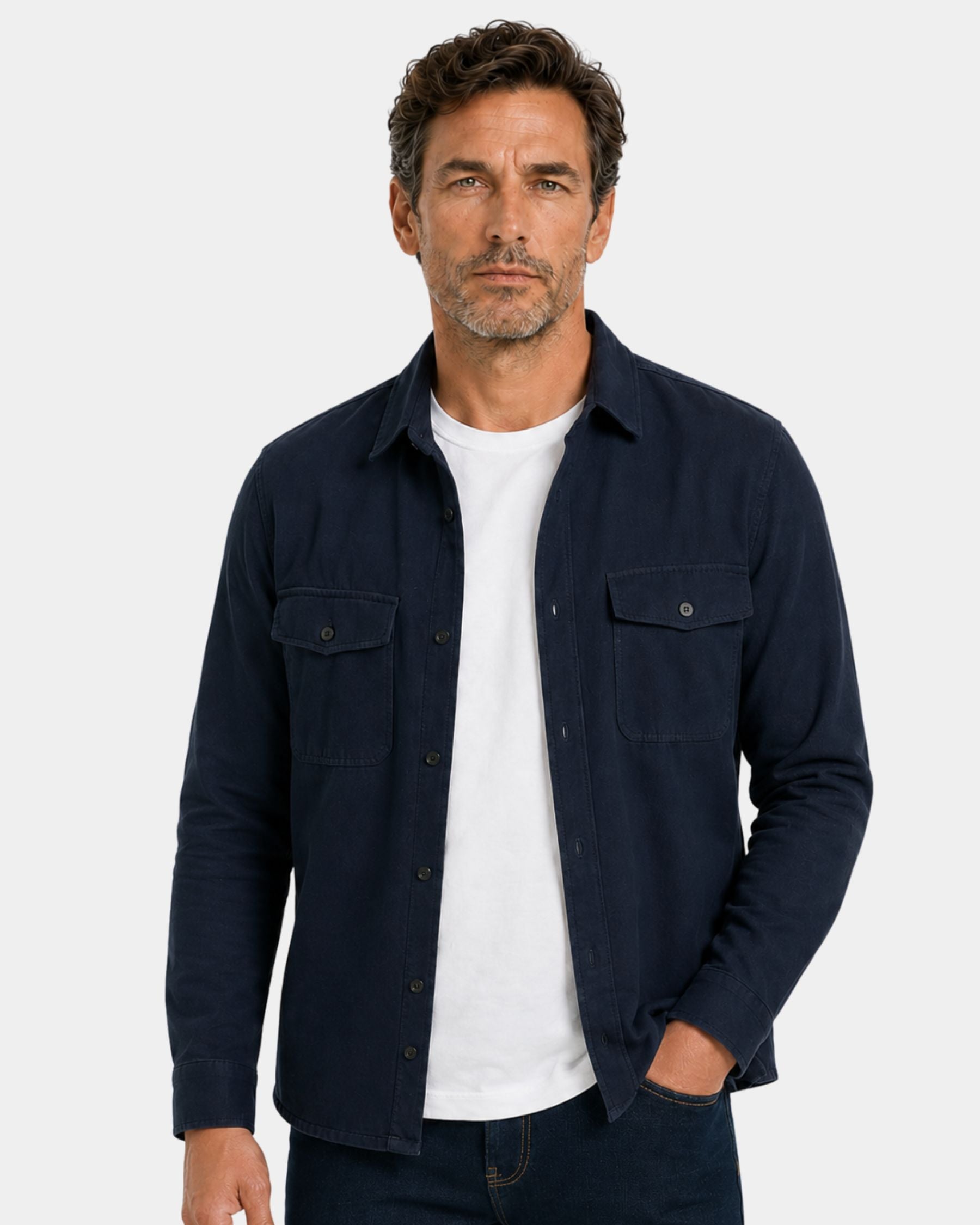 By Alden navy overshirt on male model, front view upper body, light gray background #color_navy