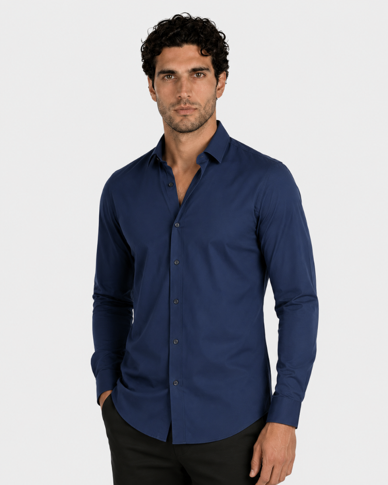 By Alden navy slim-fit dress shirt on male model, front view, upper body, light gray background. #color_navy