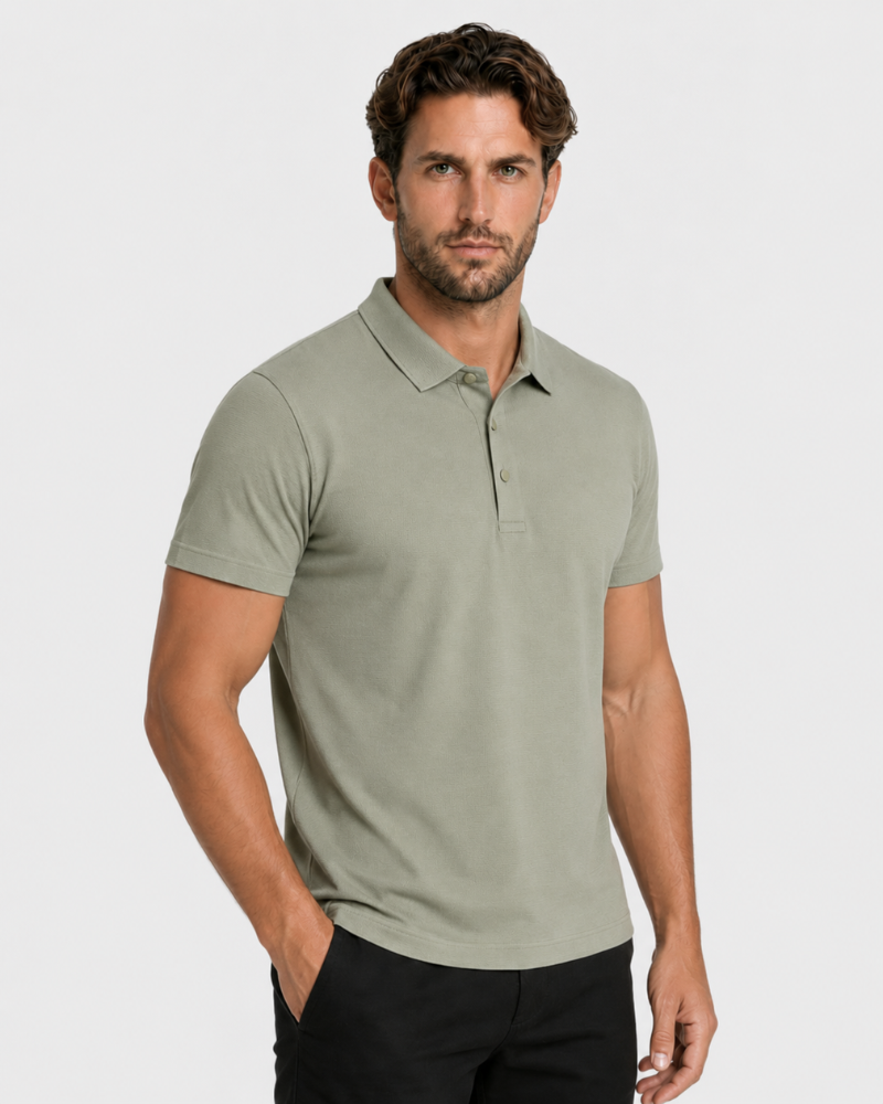 By Alden olive green knit polo shirt on male model, three-quarter view, upper body, light gray background. #color_olive green