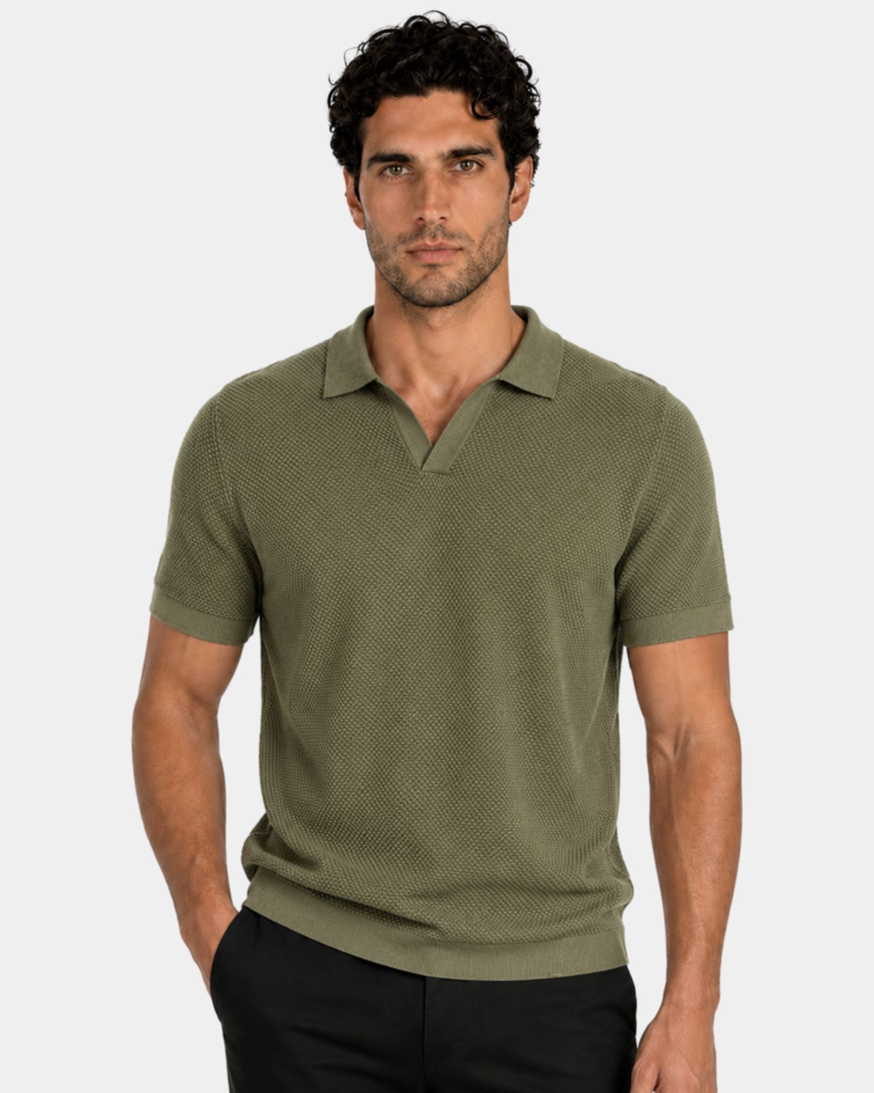 By Alden olive green open-collar knit polo shirt on male model, front view, upper body, light gray background. #Color_olive green