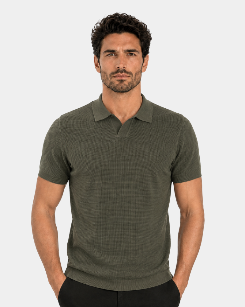 By Alden olive green open-collar knit polo shirt on male model, front view, upper body, light gray background. #color_olive green