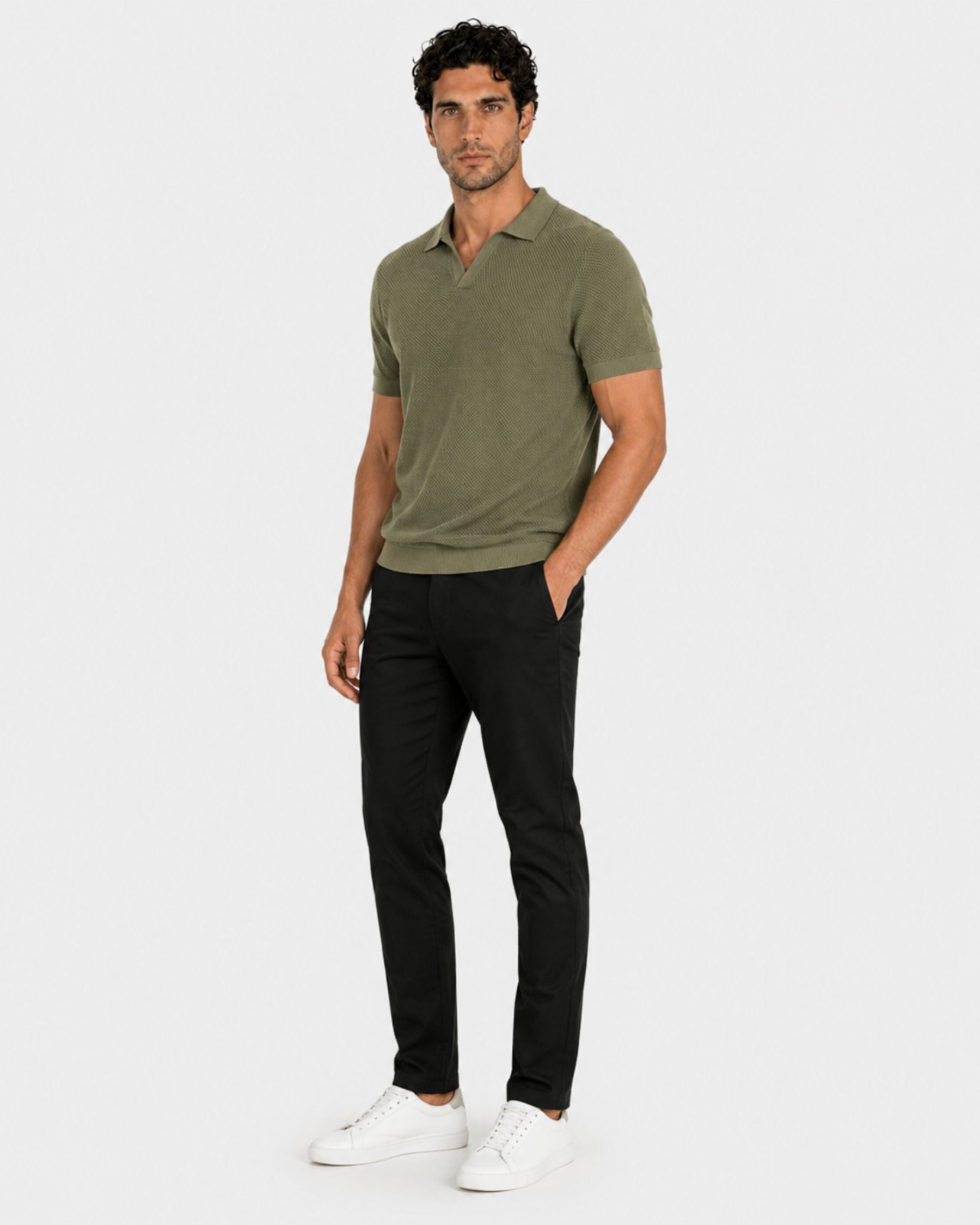 By Alden olive green open-collar knit polo shirt on male model, three-quarter view, full body, light gray background. #Color_olive green
