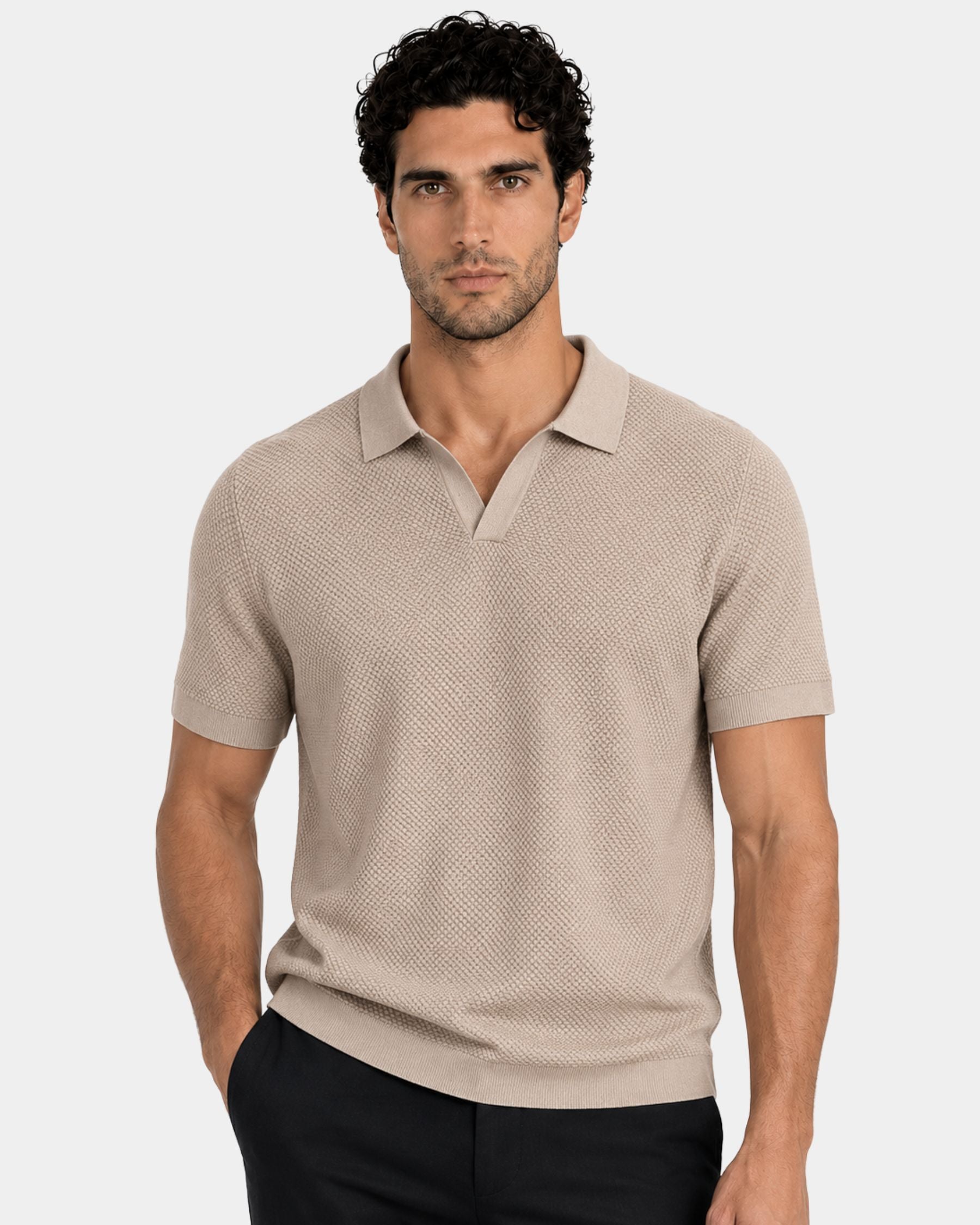 By Alden sand open-collar knit polo shirt on male model, front view, upper body, light gray background. #Color_deep stone