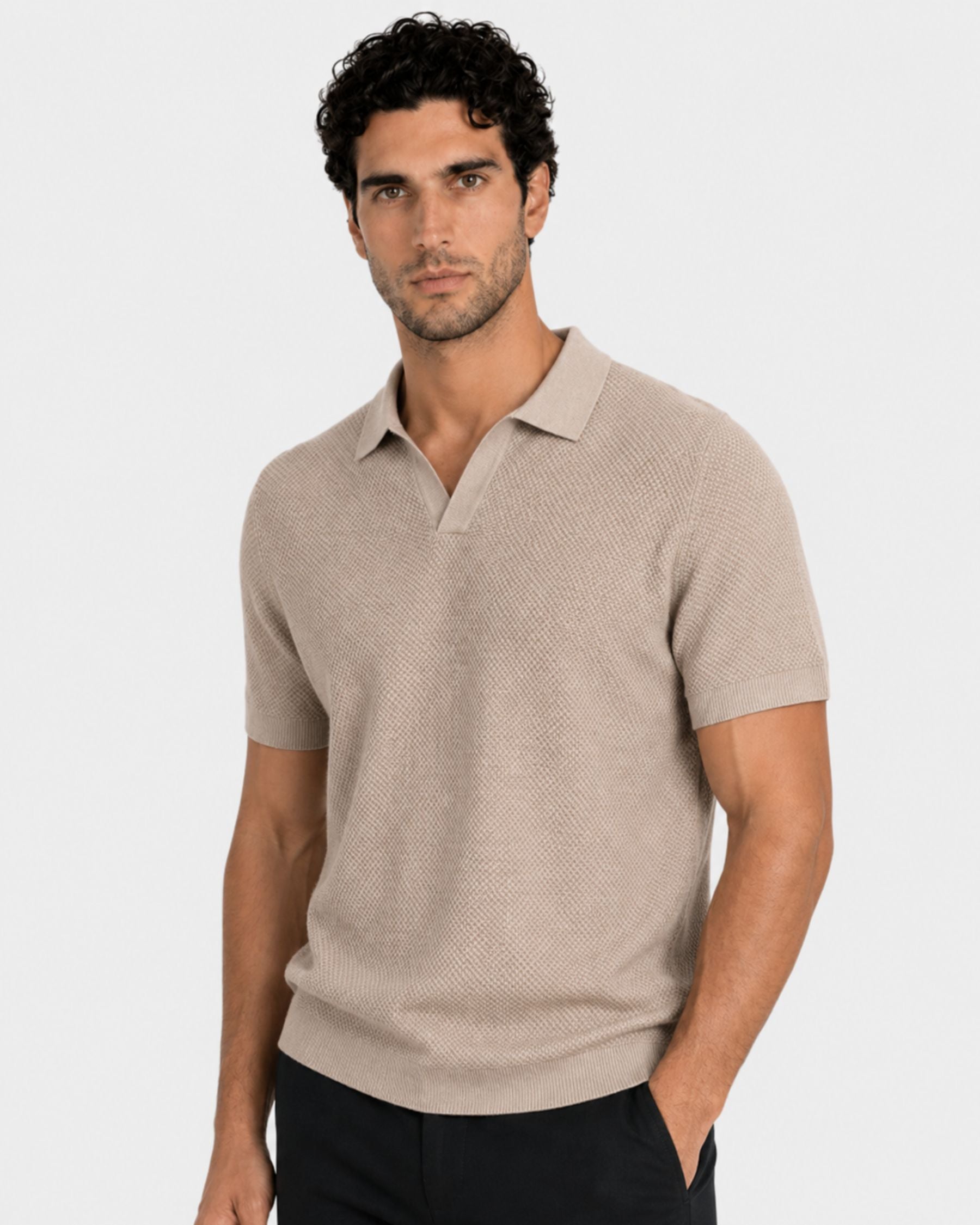 By Alden sand open-collar knit polo shirt on male model, three-quarter view, upper body, light gray background. #Color_deep stone