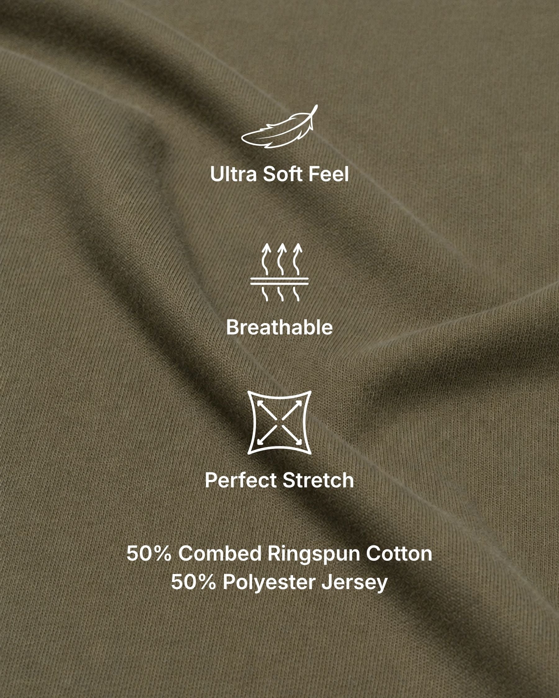 Close-up of olive green jersey fabric with white text and line icons highlighting features: Ultra Soft Feel, Breathable, Perfect Stretch, and 50% Combed Ringspun Cotton / 50% Polyester Jersey.