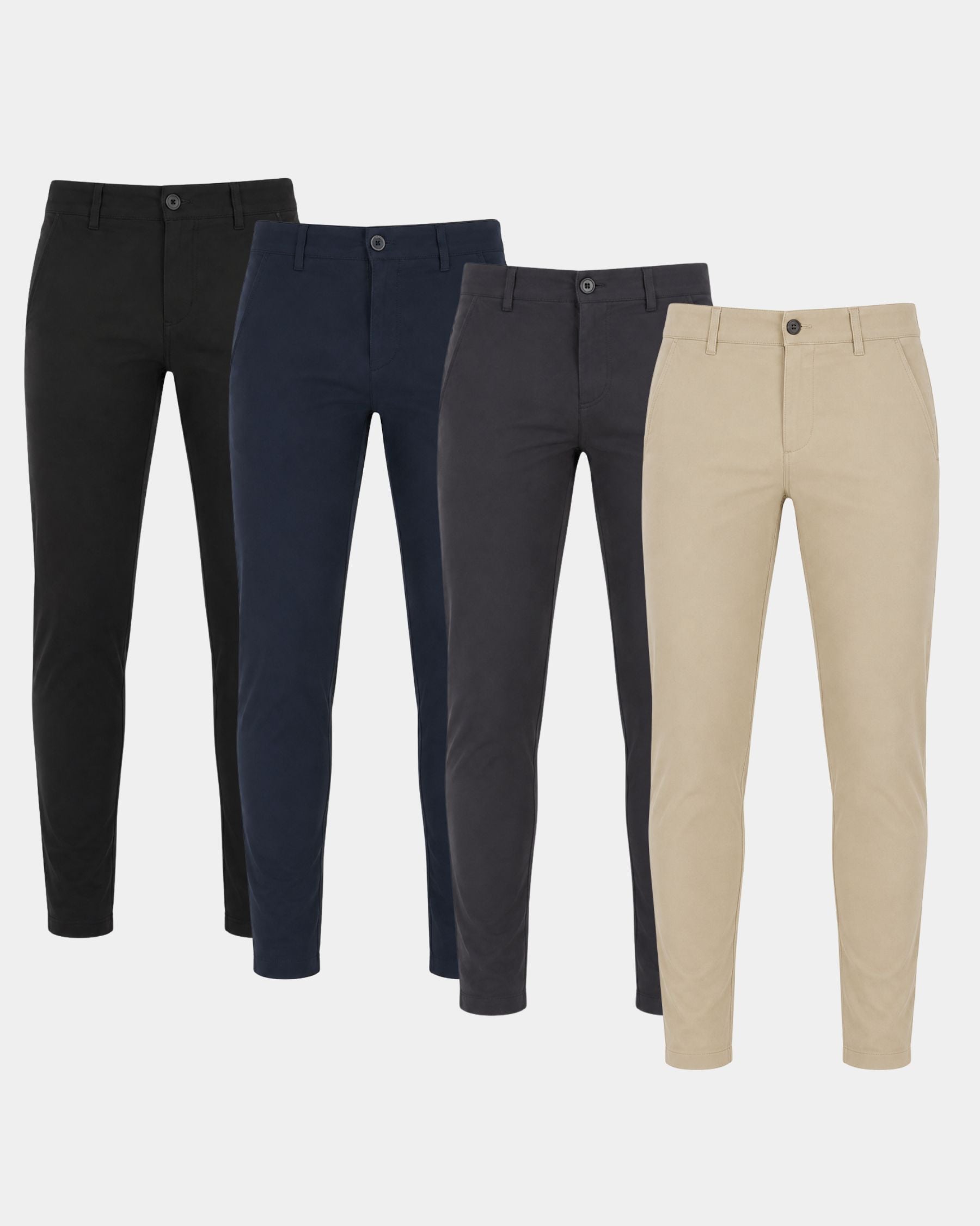 Four pairs of slim-fit chinos shown in black, navy, charcoal, and beige, arranged in a staggered row against a light gray background.