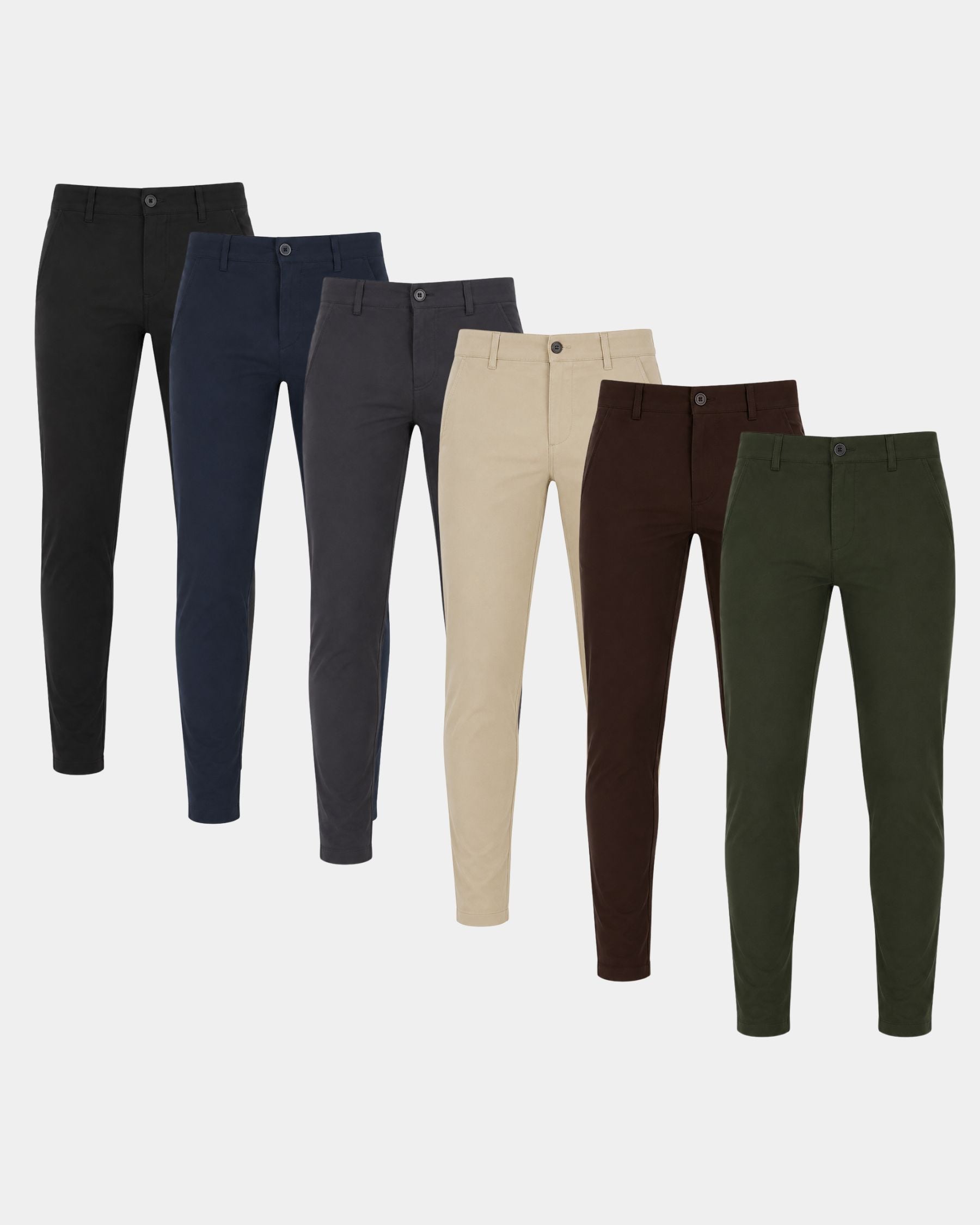 Six pairs of slim-fit chinos in different colors (black, navy, charcoal, beige, brown, and olive green) arranged in a diagonal row against a light gray background.