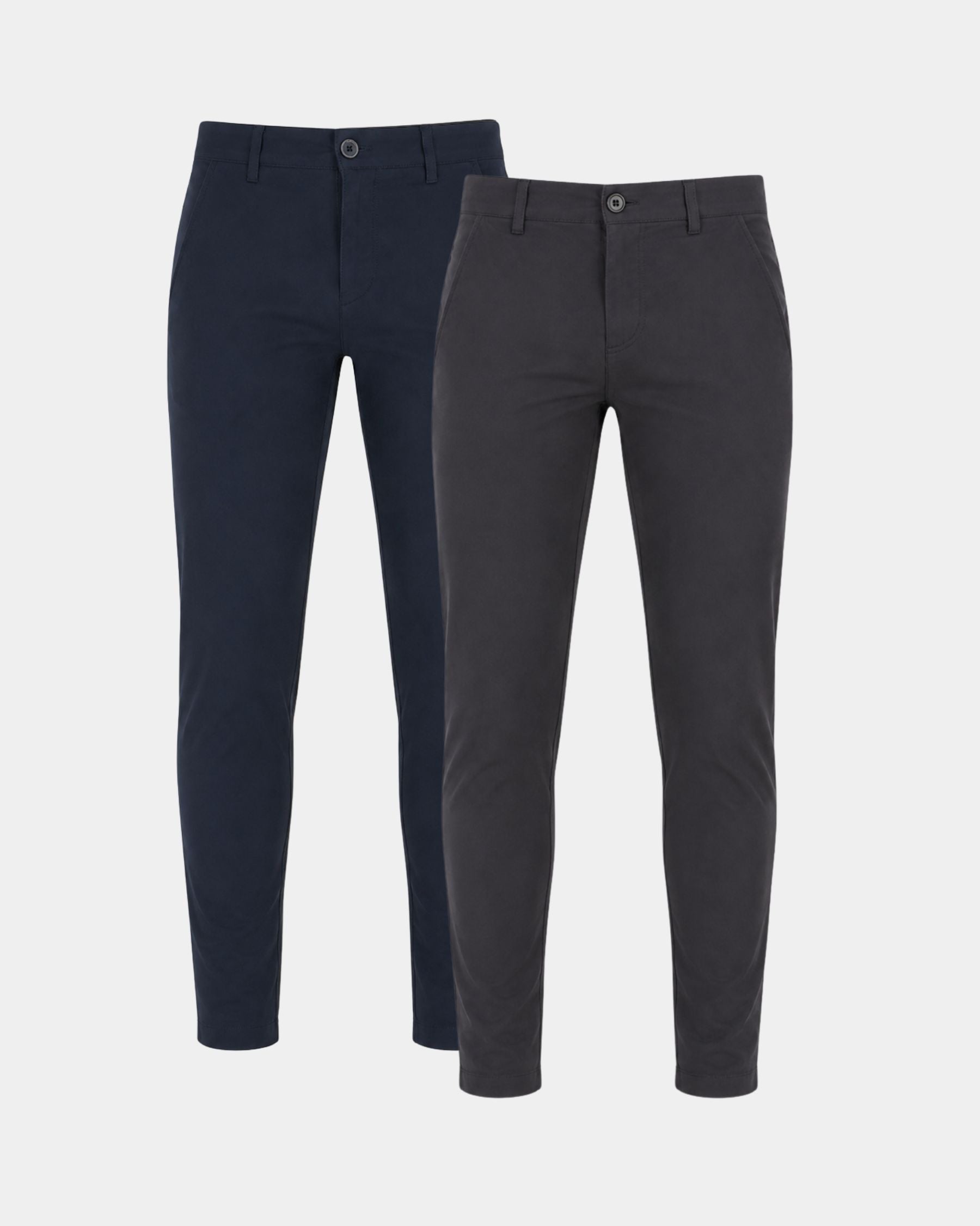 Two slim-fit trousers shown on a light gray background, one in dark navy blue and one in dark charcoal gray.