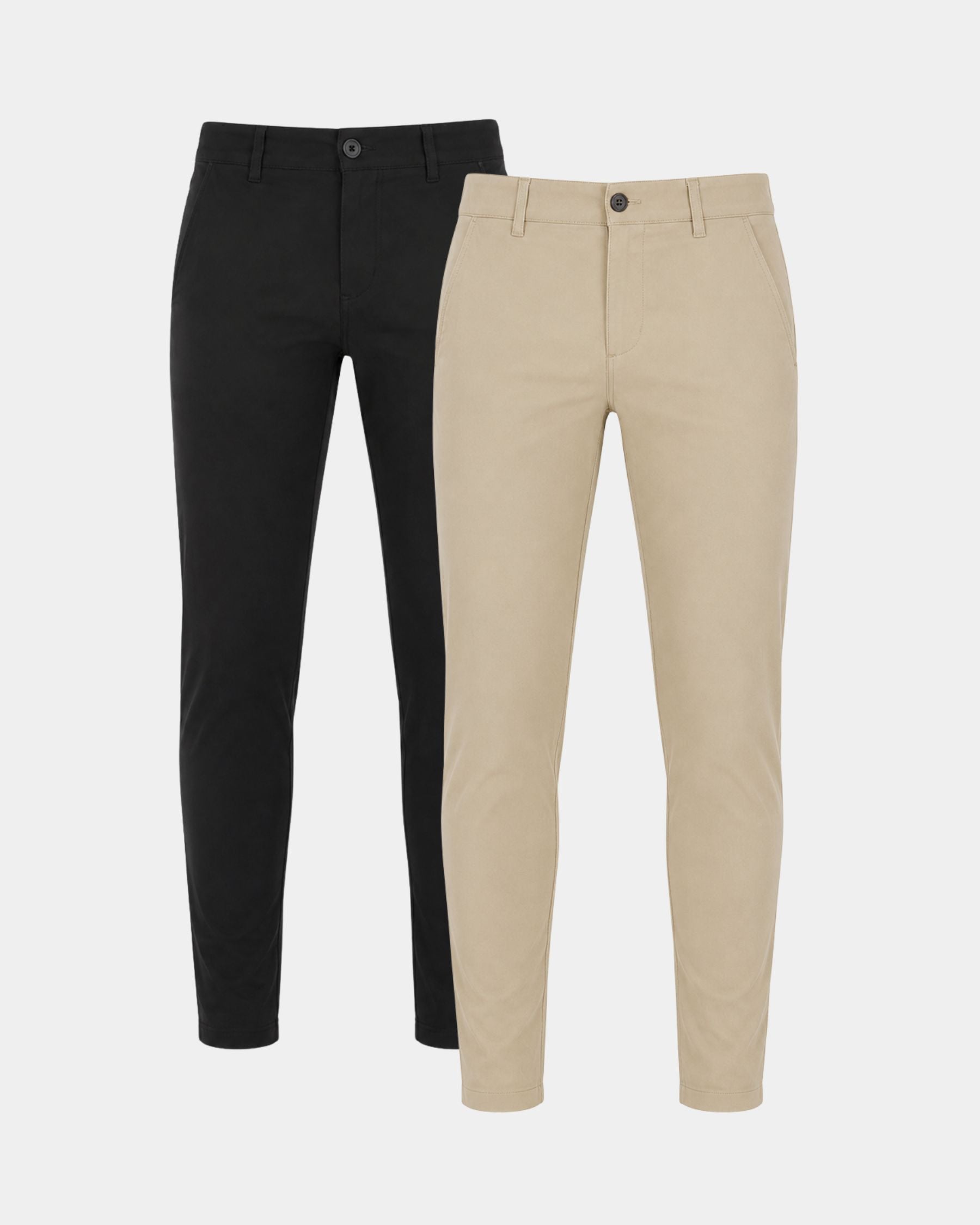 Two slim-fit trousers shown side by side on a light gray background: one in black and one in beige/khaki. No person, animal, or real environment is present, so this is Product/Packaging.