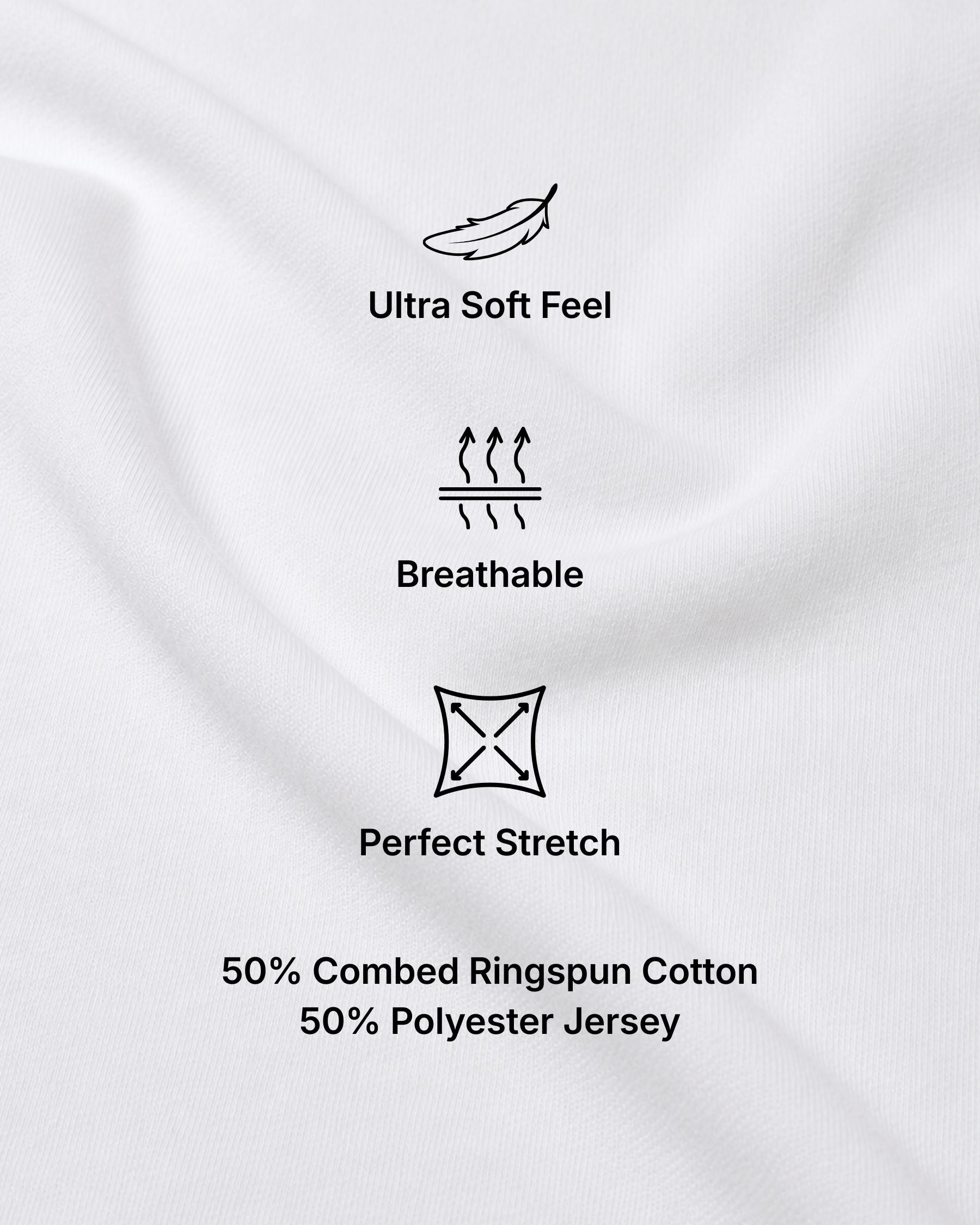White jersey fabric with black text and simple line icons highlighting features: ultra soft feel, breathable, perfect stretch, and composition of 50% combed ringspun cotton and 50% polyester jersey.